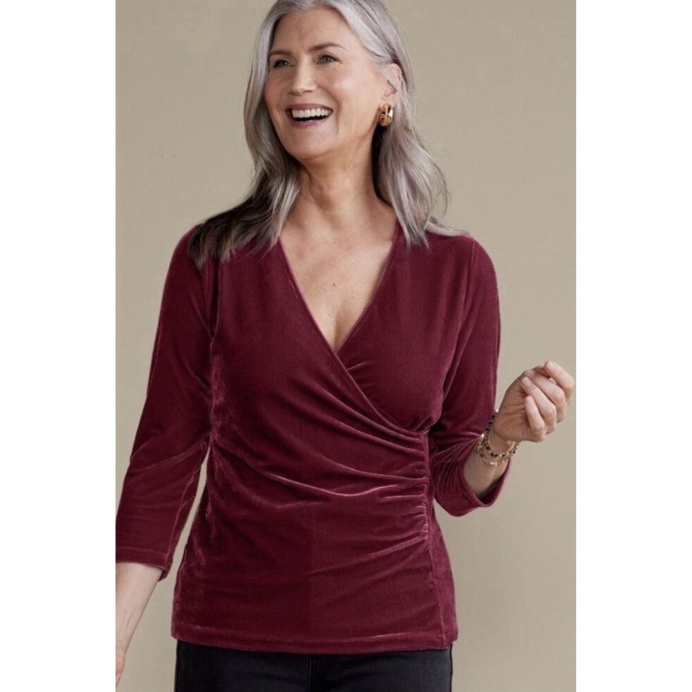 NWT Soft Surroundings Women's 1X Velvet Alyssa Knit Top Cabernet Burgundy Draped